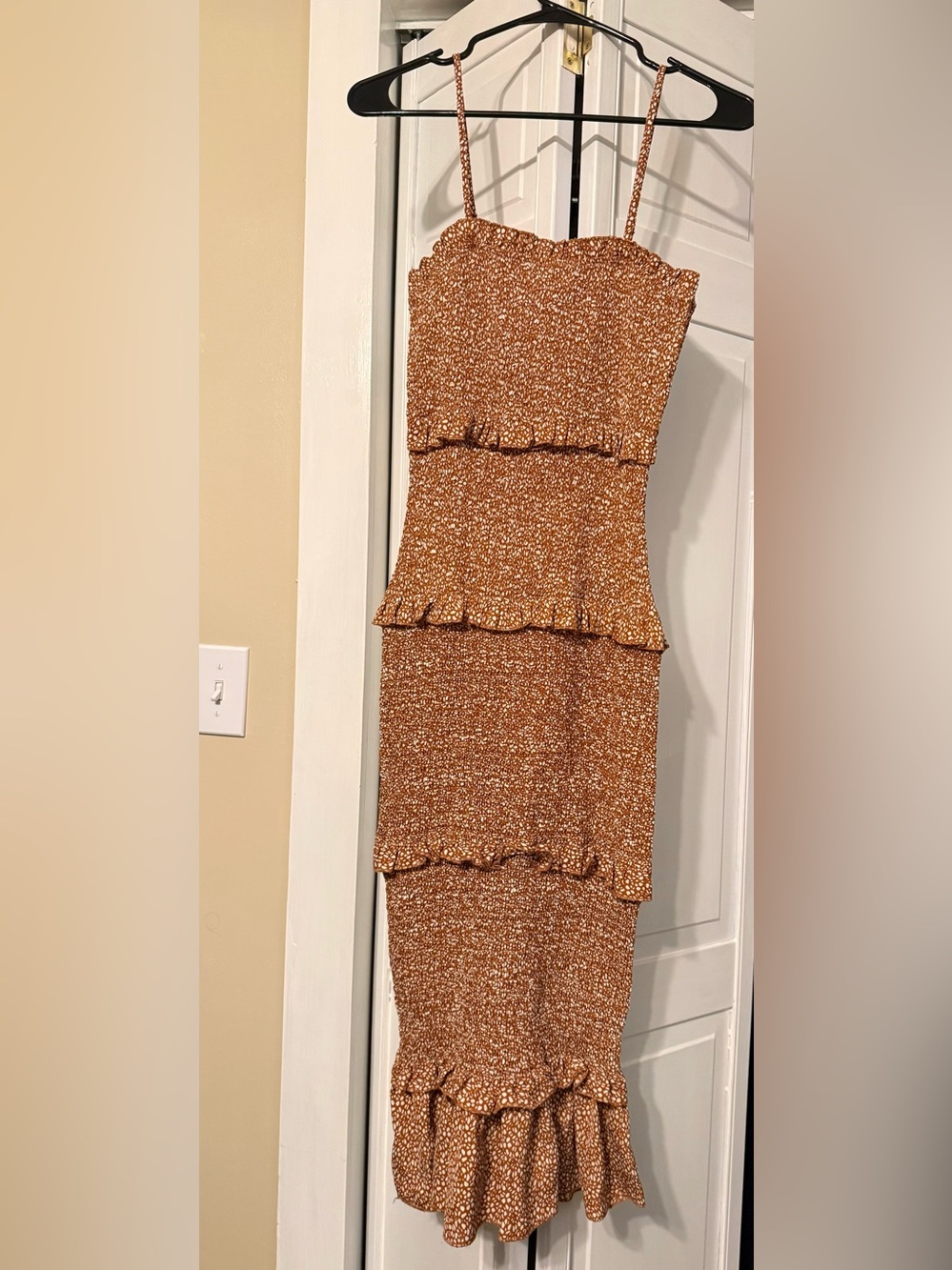 Amazon Rust Speckled Tiered Ruffle Midi Dress with Spaghetti Straps